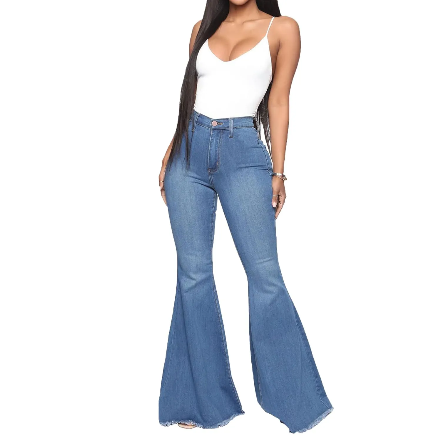 Women's Casual High Waisted Flare Leg Jeans Raw Hem Bell Bottom Denim Pants Classic Stretch Wide Leg Flared Jeans (Medium,Blue)