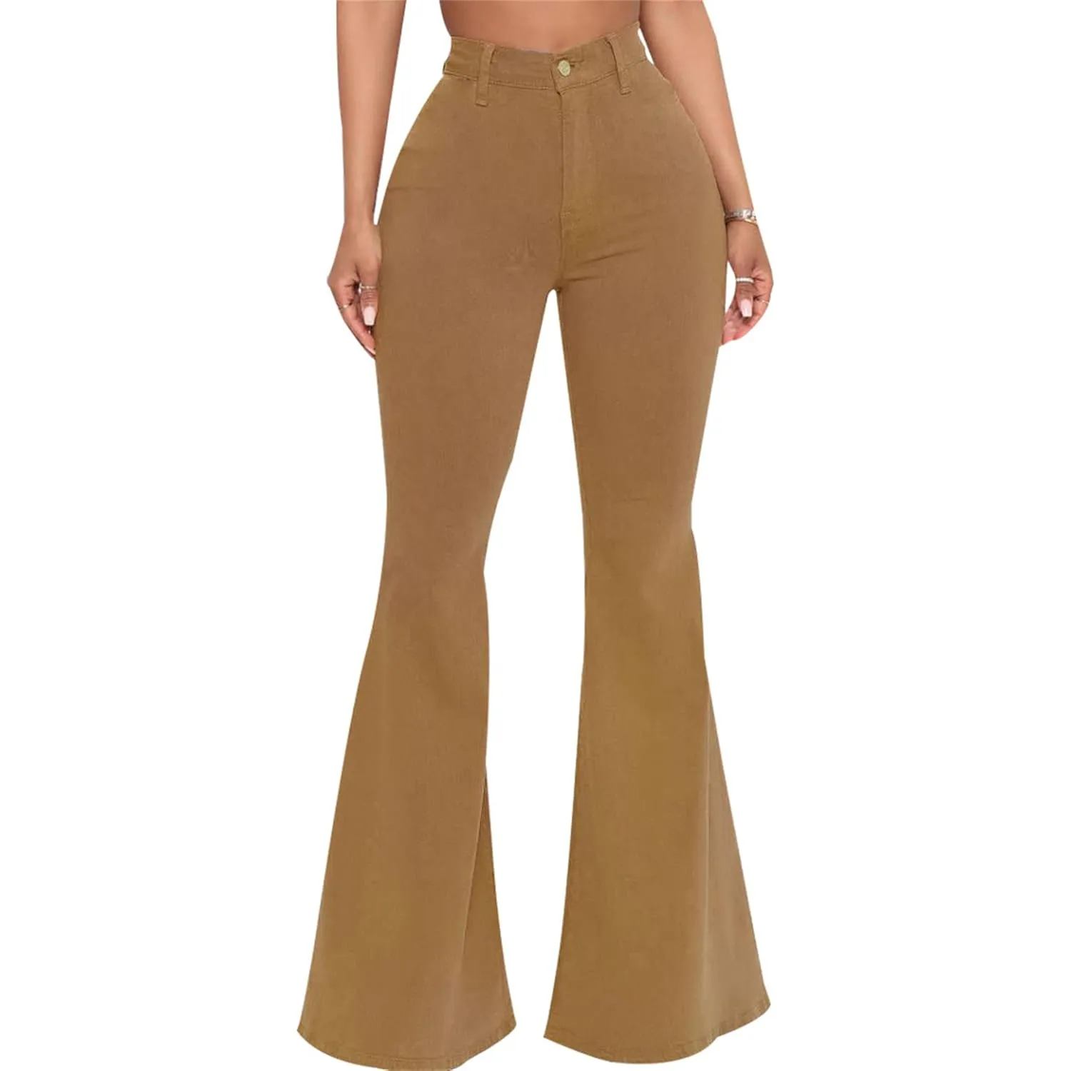 Women's Casual High Waisted Flare Leg Jeans Raw Hem Bell Bottom Denim Pants Classic Stretch Wide Leg Flared Jeans (Medium,Brown)