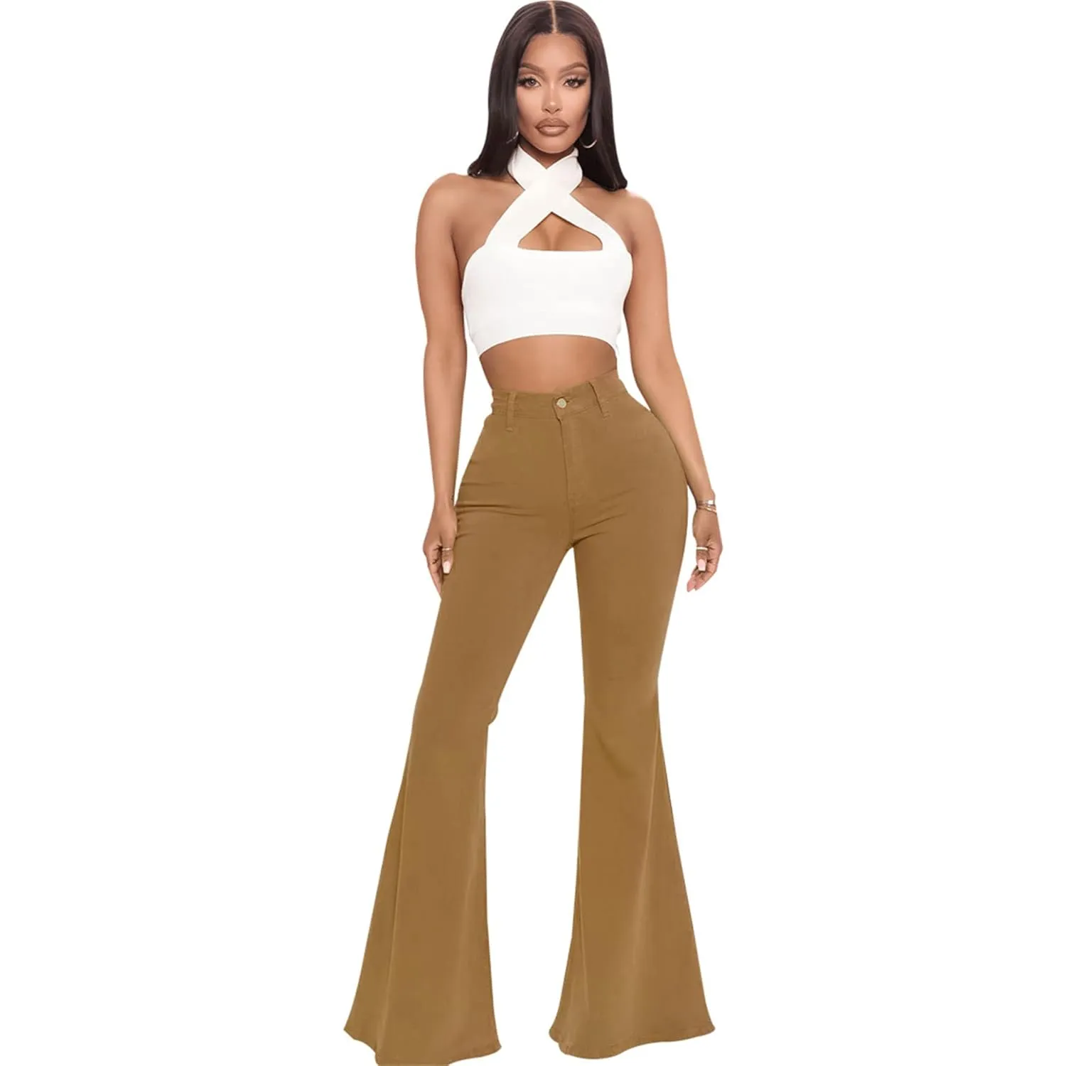 Women's Casual High Waisted Flare Leg Jeans Raw Hem Bell Bottom Denim Pants Classic Stretch Wide Leg Flared Jeans (Medium,Brown)