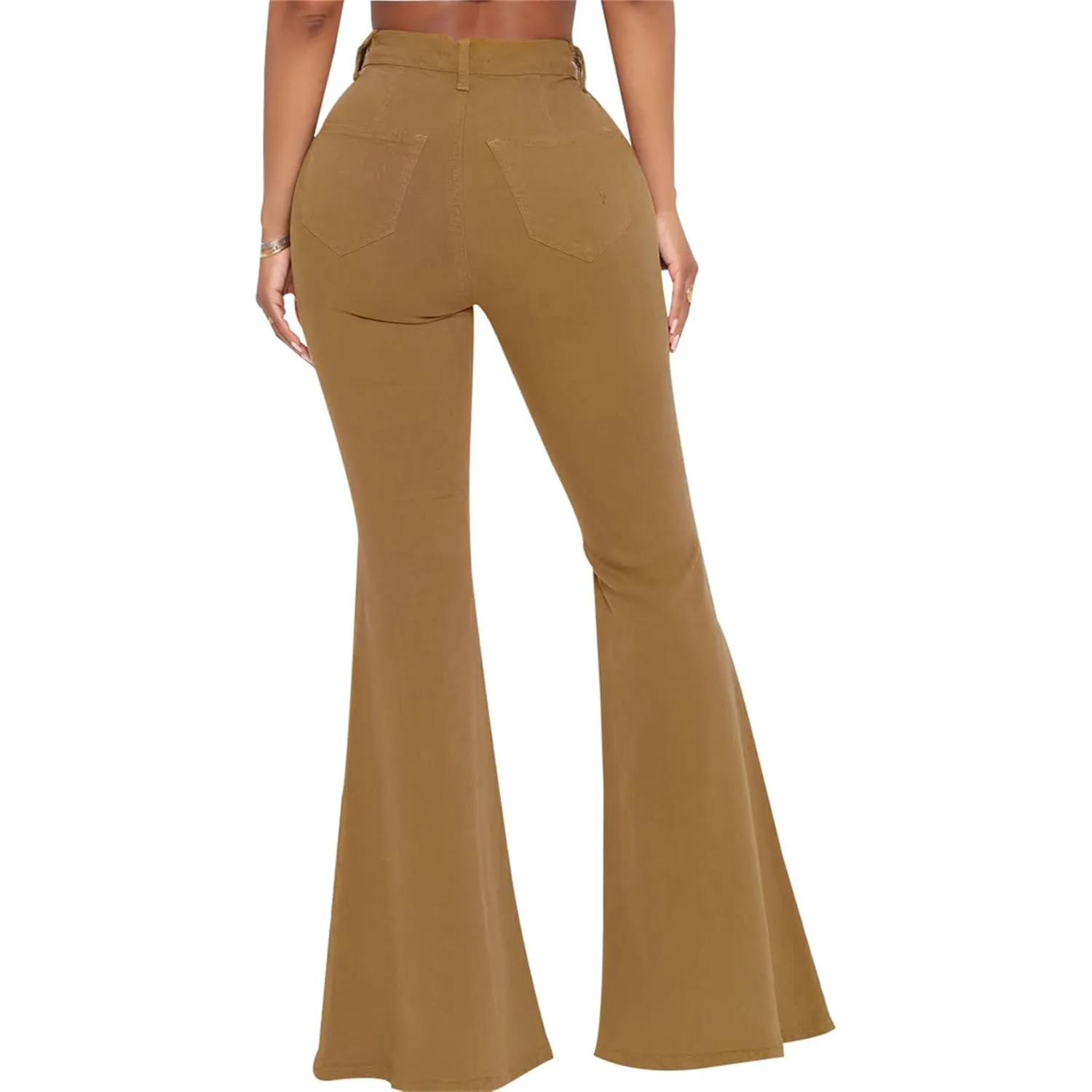 Women's Casual High Waisted Flare Leg Jeans Raw Hem Bell Bottom Denim Pants Classic Stretch Wide Leg Flared Jeans (Medium,Brown)