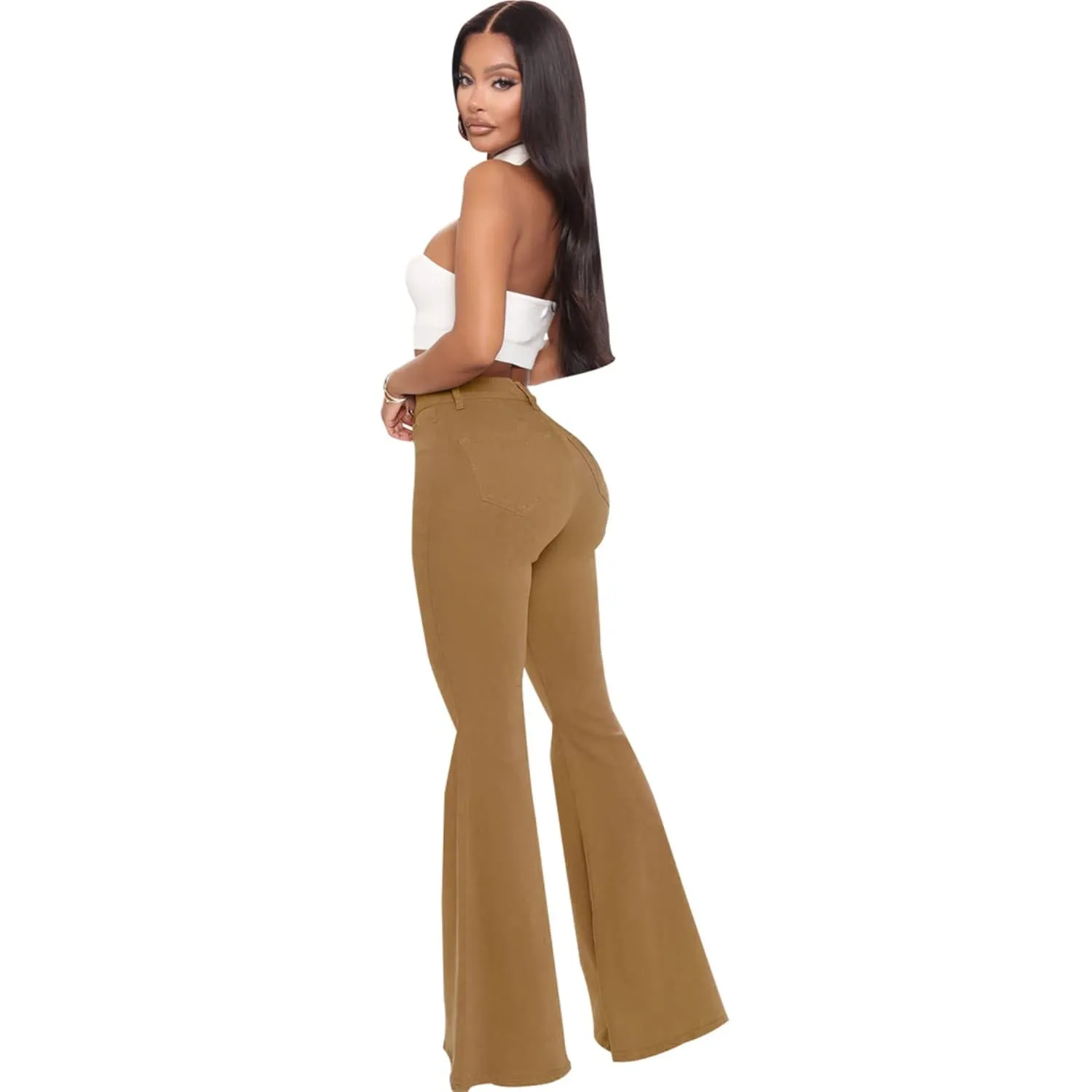 Women's Casual High Waisted Flare Leg Jeans Raw Hem Bell Bottom Denim Pants Classic Stretch Wide Leg Flared Jeans (Medium,Brown)