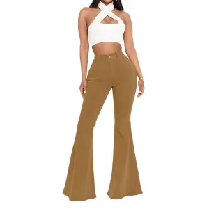 Women's Casual High Waisted Flare Leg Jeans Raw Hem Bell Bottom Denim Pants Classic Stretch Wide Leg Flared Jeans (Medium,Brown)