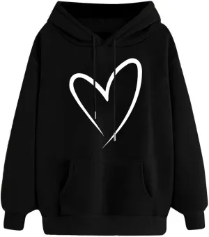 Women's Casual Hoodies Crewneck Sweatshirt 2024 Print Heart Long Sleeve Sweater Pullover Fall Outfits with Pocket