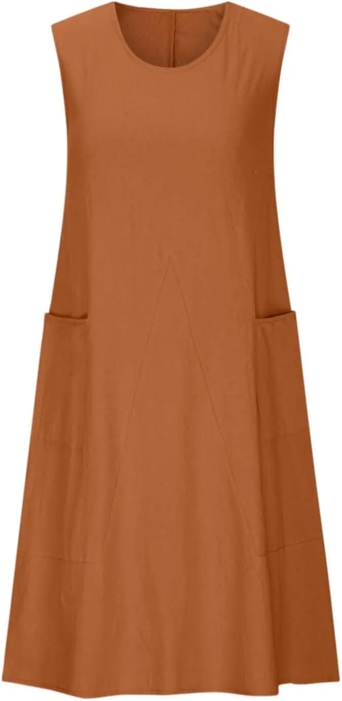 Women's Casual Linen Tunic Dress Mini Boho Sleeveless Summer Swing Beach Round Neck Tank T-Shirt Dresses with Pocket