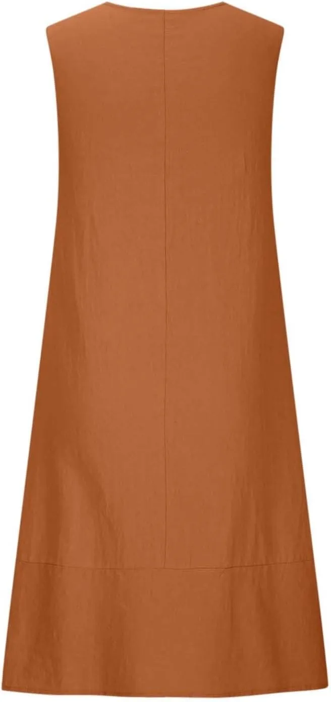 Women's Casual Linen Tunic Dress Mini Boho Sleeveless Summer Swing Beach Round Neck Tank T-Shirt Dresses with Pocket