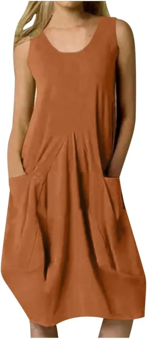 Women's Casual Linen Tunic Dress Mini Boho Sleeveless Summer Swing Beach Round Neck Tank T-Shirt Dresses with Pocket
