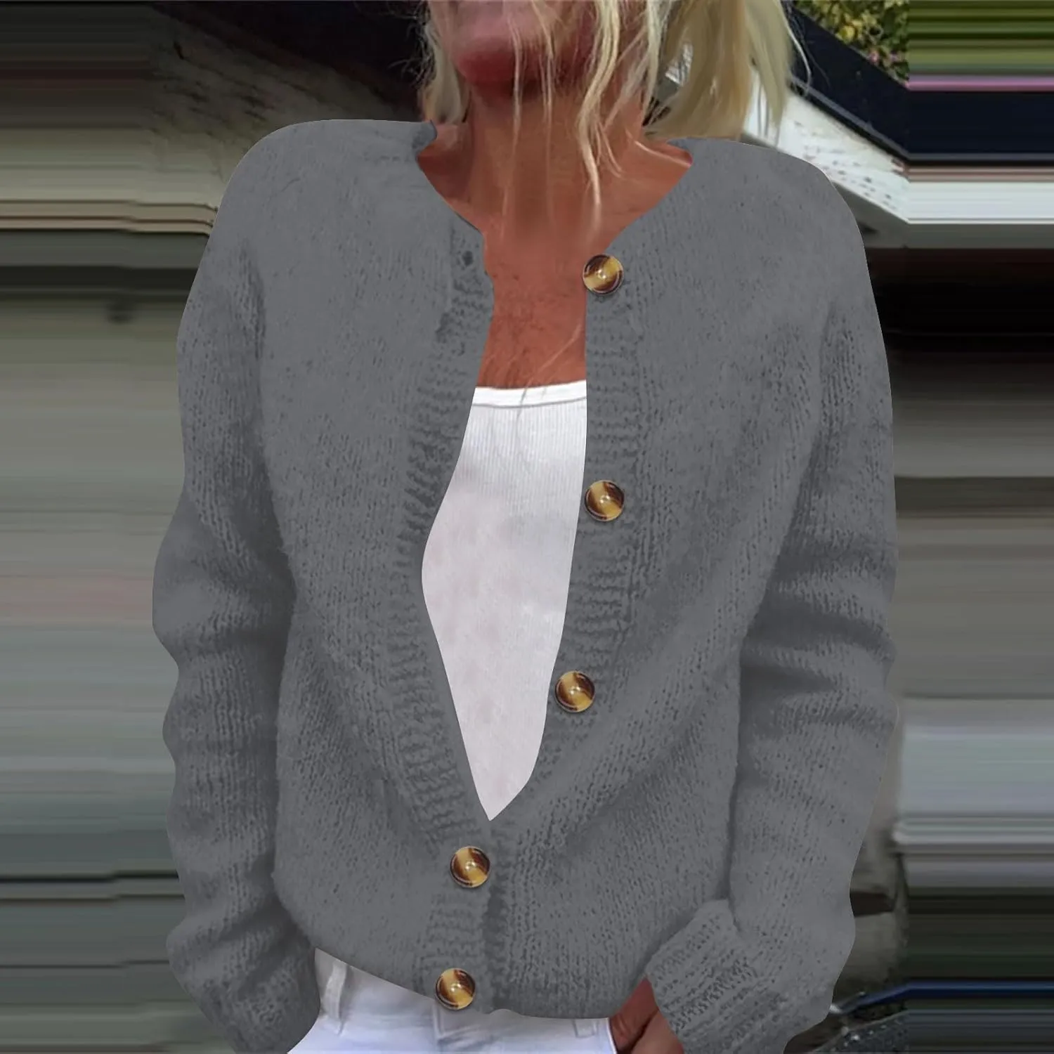 Women's Casual Over Size Solid Colour Button Cardigan Crew Neck Fall Sweaters Long Sleeve Cropped Knit Lady Jackets