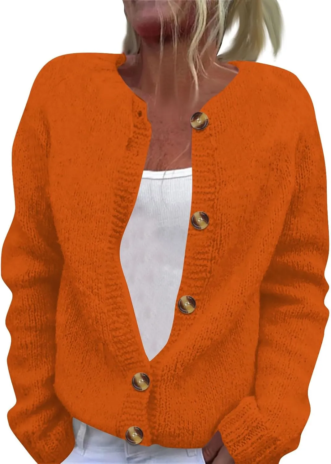 Women's Casual Over Size Solid Colour Button Cardigan Crew Neck Fall Sweaters Long Sleeve Cropped Knit Lady Jackets