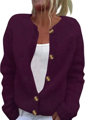 Women's Casual Over Size Solid Colour Button Cardigan Crew Neck Fall Sweaters Long Sleeve Cropped Knit Lady Jackets