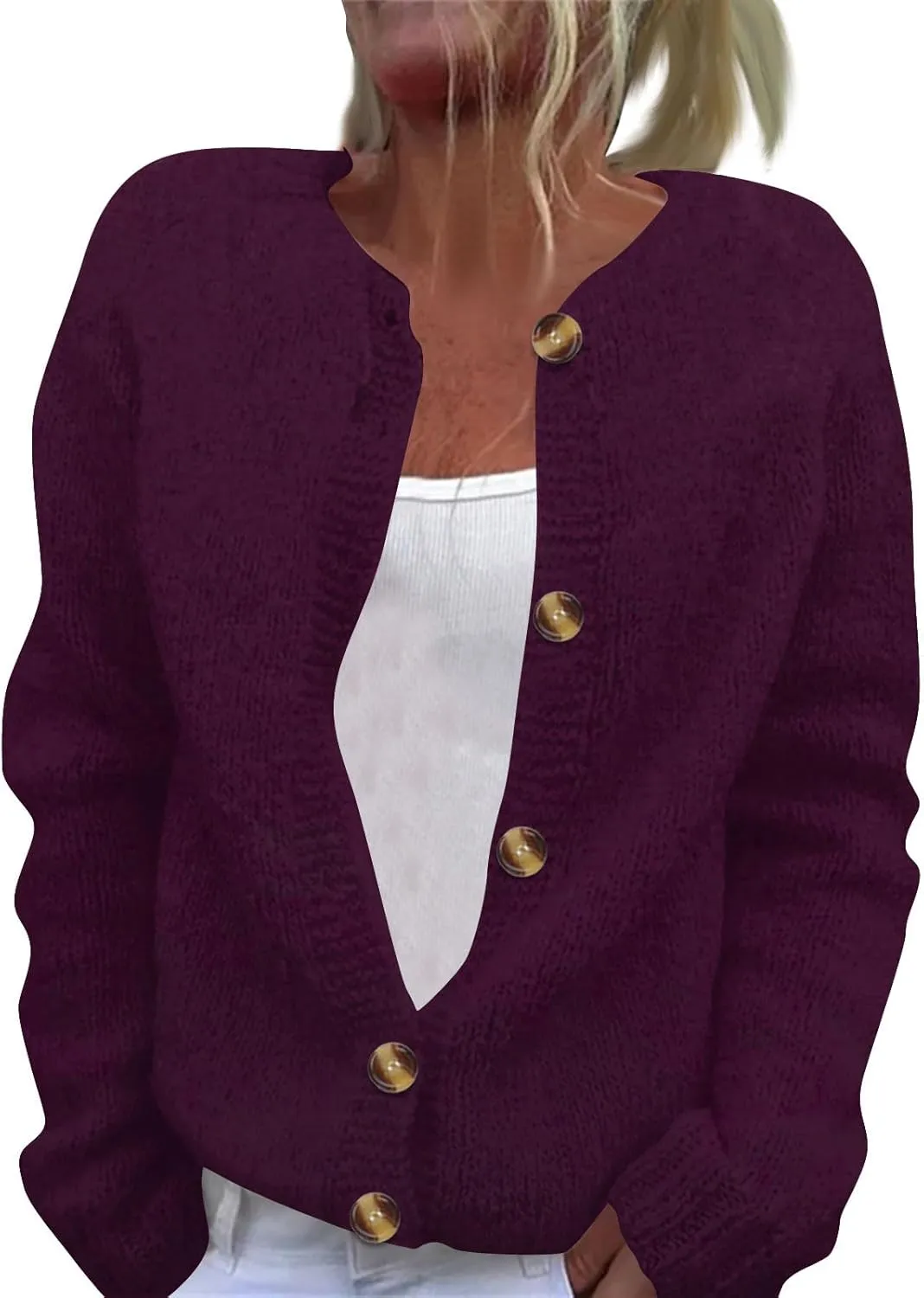Women's Casual Over Size Solid Colour Button Cardigan Crew Neck Fall Sweaters Long Sleeve Cropped Knit Lady Jackets
