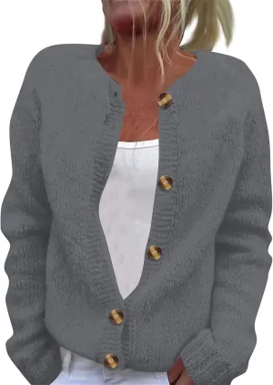 Women's Casual Over Size Solid Colour Button Cardigan Crew Neck Fall Sweaters Long Sleeve Cropped Knit Lady Jackets