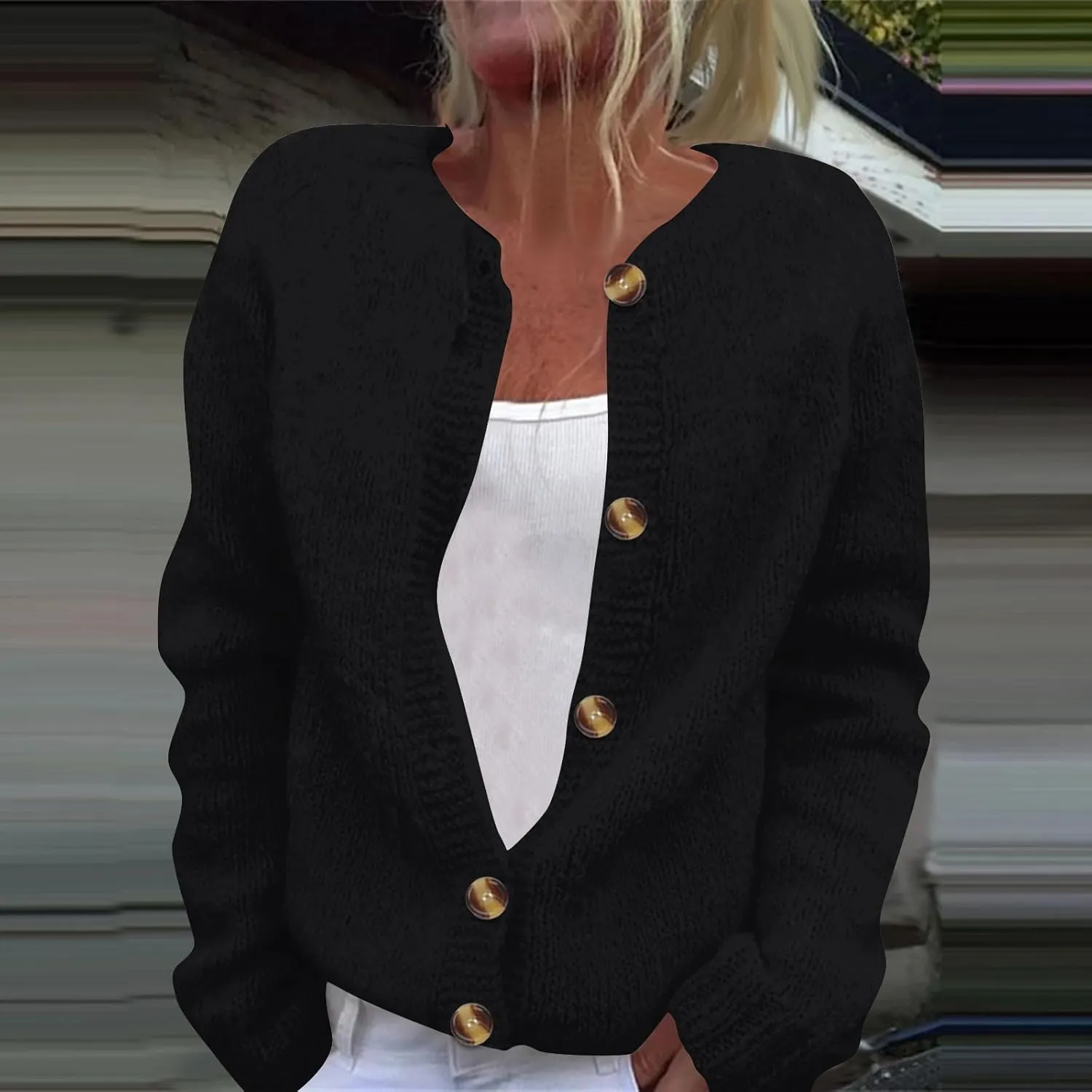 Women's Casual Over Size Solid Colour Button Cardigan Crew Neck Fall Sweaters Long Sleeve Cropped Knit Lady Jackets