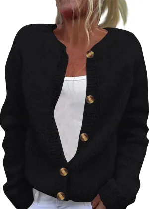 Women's Casual Over Size Solid Colour Button Cardigan Crew Neck Fall Sweaters Long Sleeve Cropped Knit Lady Jackets