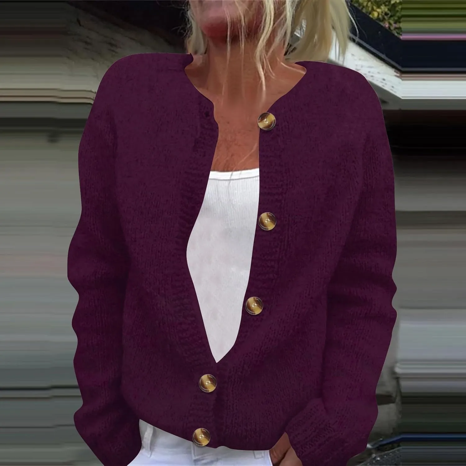Women's Casual Over Size Solid Colour Button Cardigan Crew Neck Fall Sweaters Long Sleeve Cropped Knit Lady Jackets