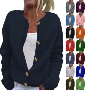 Women's Casual Over Size Solid Colour Button Cardigan Crew Neck Fall Sweaters Long Sleeve Cropped Knit Lady Jackets