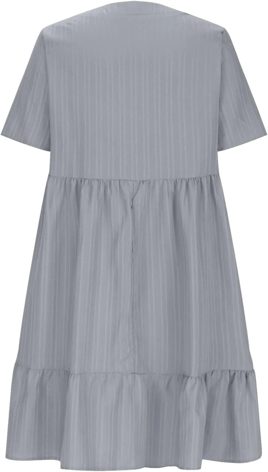 Womens Casual Summer Maxi Dress V Neck Short Sleeve Flowy Boho Beach Sundress Tiered Ruffle with Pockets