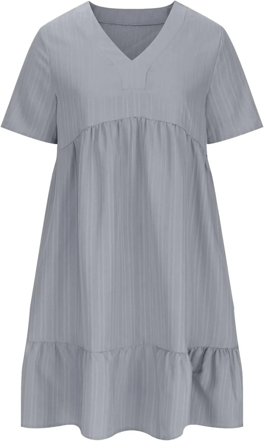Womens Casual Summer Maxi Dress V Neck Short Sleeve Flowy Boho Beach Sundress Tiered Ruffle with Pockets