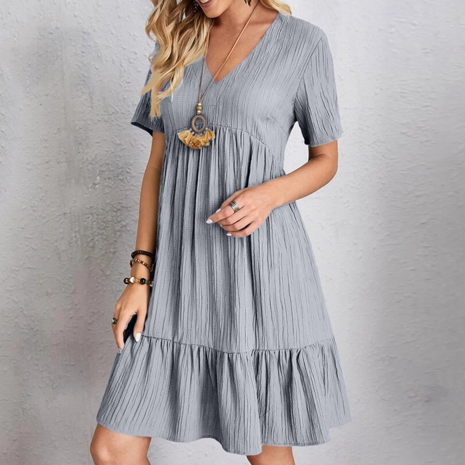 Womens Casual Summer Maxi Dress V Neck Short Sleeve Flowy Boho Beach Sundress Tiered Ruffle with Pockets