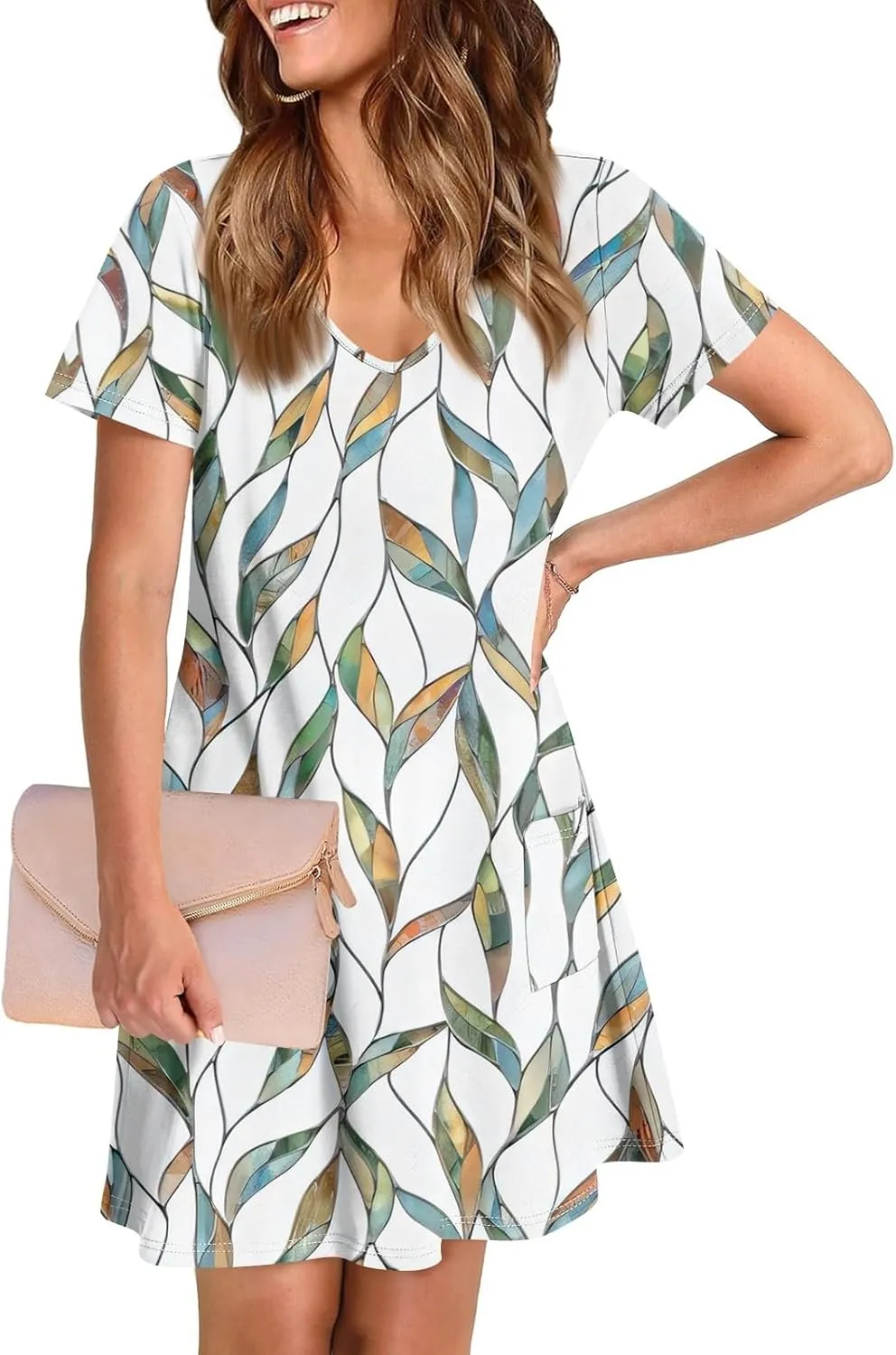 Womens Casual Summer Short Sleeve T Shirt Dress Sexy V Neck Mini Sundress Loose Beach Vacation Outfits with Pockets