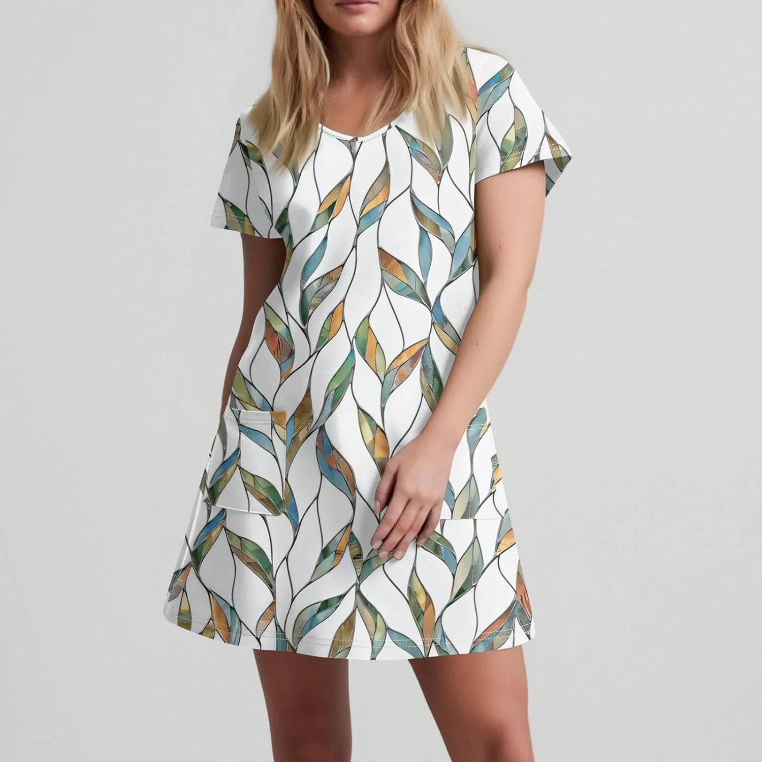 Womens Casual Summer Short Sleeve T Shirt Dress Sexy V Neck Mini Sundress Loose Beach Vacation Outfits with Pockets