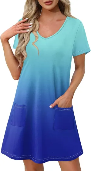 Womens Casual Summer Short Sleeve T Shirt Dress Sexy V Neck Mini Sundress Loose Beach Vacation Outfits with Pockets