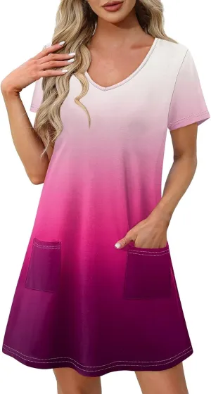 Womens Casual Summer Short Sleeve T Shirt Dress Sexy V Neck Mini Sundress Loose Beach Vacation Outfits with Pockets