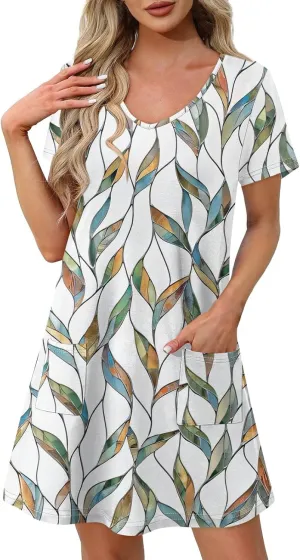 Womens Casual Summer Short Sleeve T Shirt Dress Sexy V Neck Mini Sundress Loose Beach Vacation Outfits with Pockets