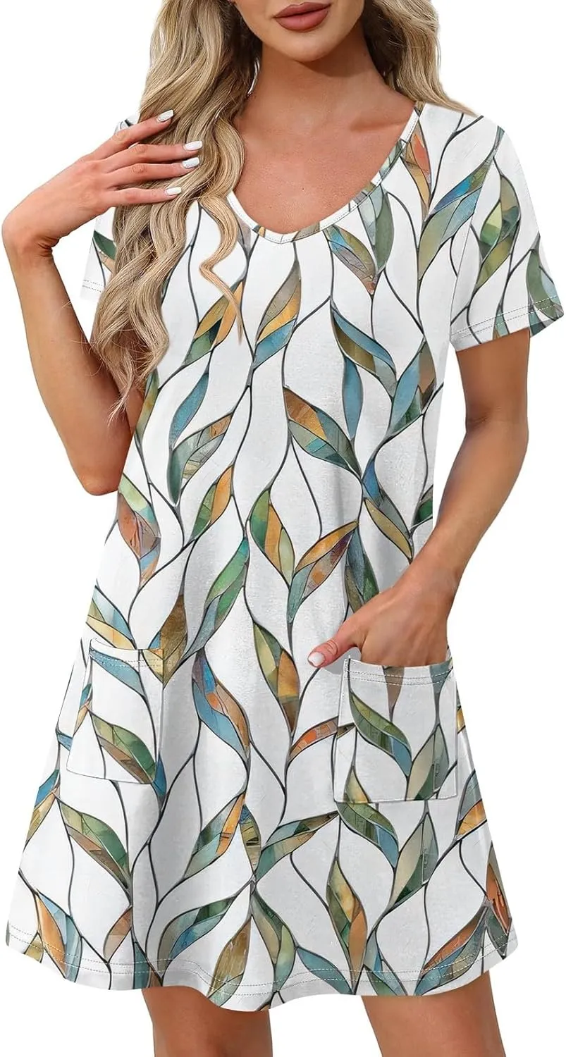 Womens Casual Summer Short Sleeve T Shirt Dress Sexy V Neck Mini Sundress Loose Beach Vacation Outfits with Pockets