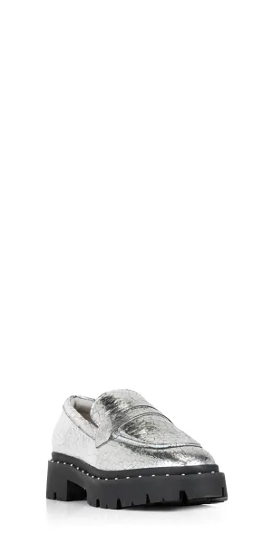 Wide Path Lane Women's Christie Studs Crackled Leather Loafer In Silver