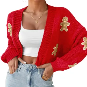 Women's Christmas Cropped Cardigan Sweaters,Gingerbread Cardigan, Gingerbread Sweater, Cropped red Cardigan