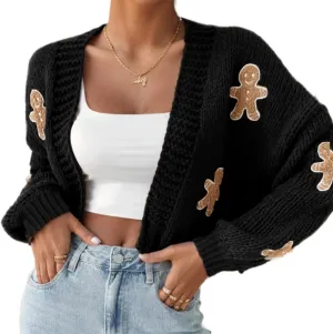 Women's Christmas Cropped Cardigan Sweaters,Gingerbread Cardigan, Gingerbread Sweater, Cropped red Cardigan