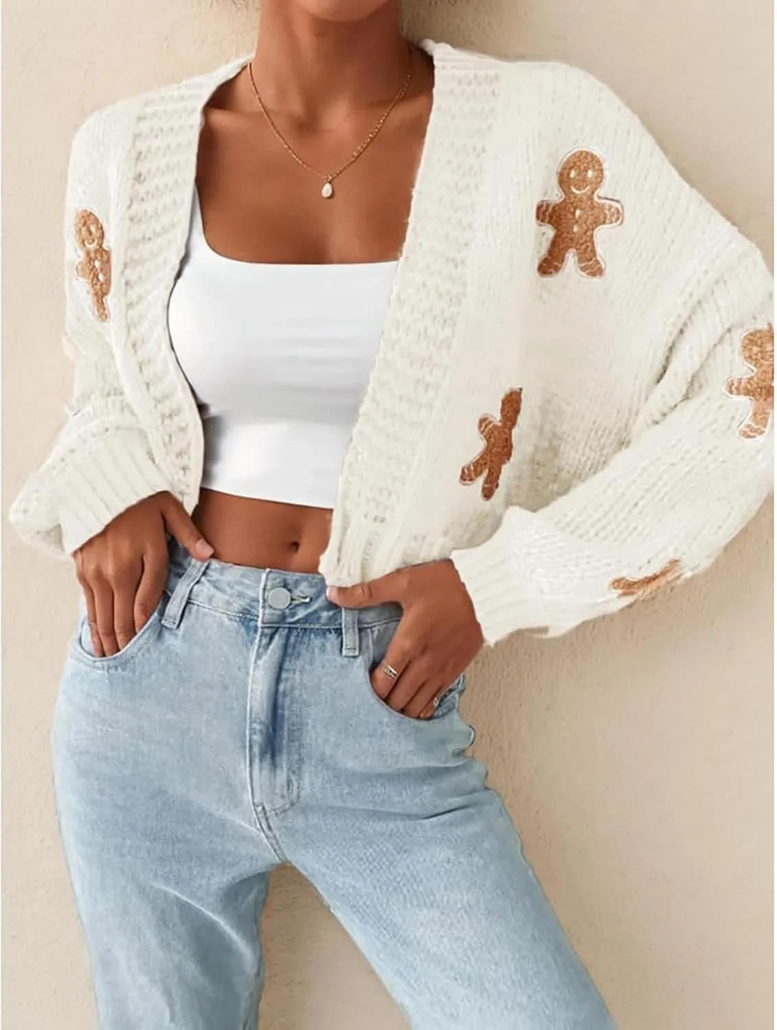 Women's Christmas Cropped Cardigan Sweaters,Gingerbread Cardigan, Gingerbread Sweater, Cropped red Cardigan
