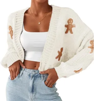 Women's Christmas Cropped Cardigan Sweaters,Gingerbread Cardigan, Gingerbread Sweater, Cropped red Cardigan