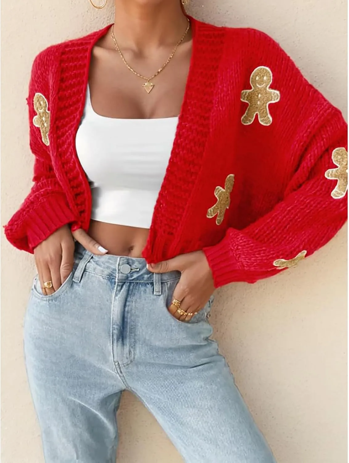 Women's Christmas Cropped Cardigan Sweaters,Gingerbread Cardigan, Gingerbread Sweater, Cropped red Cardigan