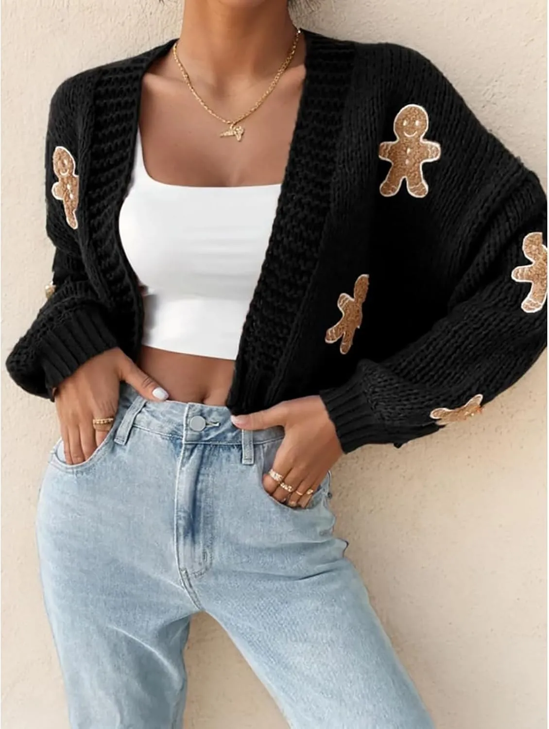 Women's Christmas Cropped Cardigan Sweaters,Gingerbread Cardigan, Gingerbread Sweater, Cropped red Cardigan