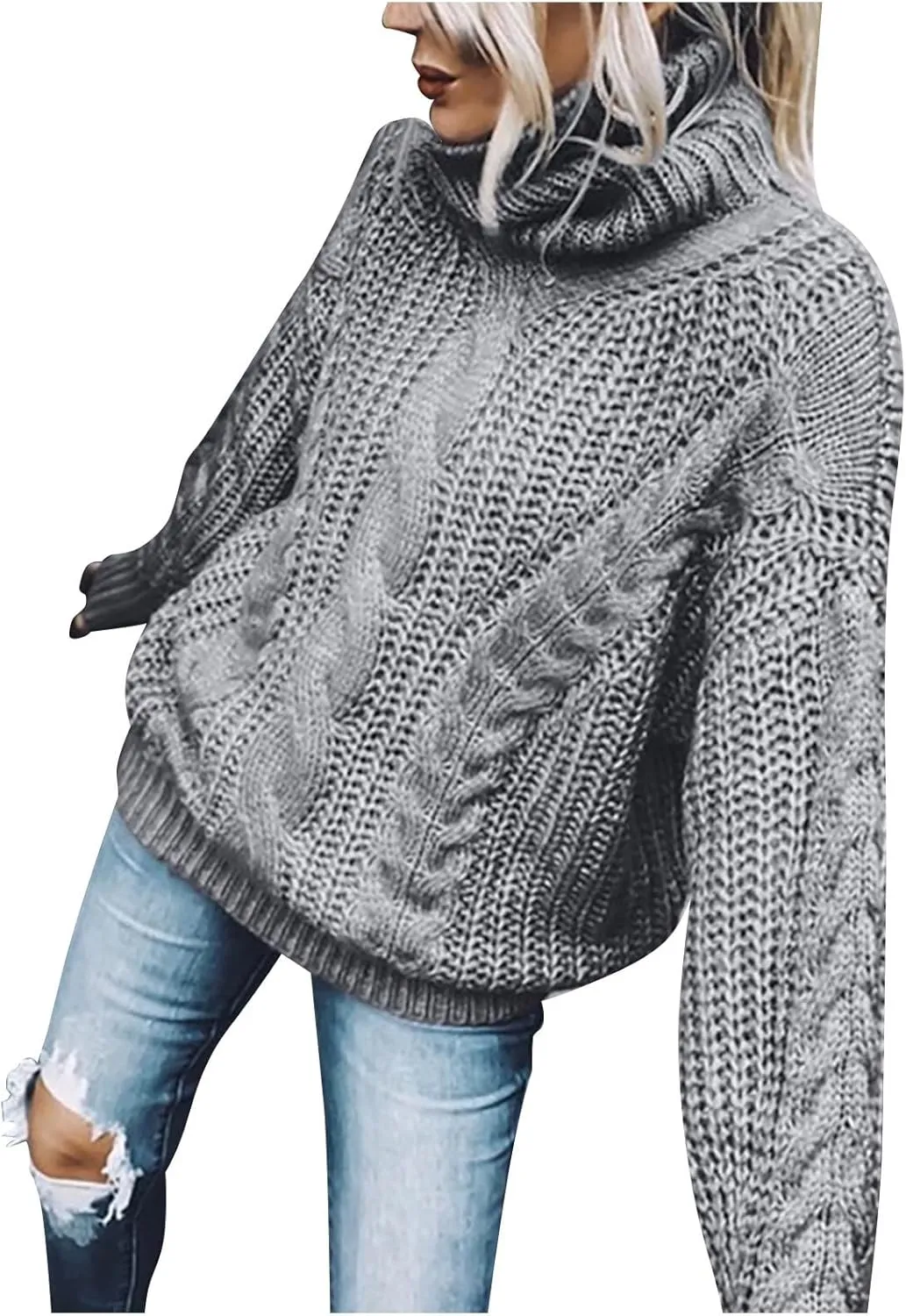 Women's Chunky Cable Knit Pullover 2023 Fashion Sweaters Long Sleeve Turtleneck Fall Winter Trendy Solid Cozy Tops