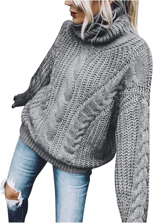 Women's Chunky Cable Knit Pullover 2023 Fashion Sweaters Long Sleeve Turtleneck Fall Winter Trendy Solid Cozy Tops