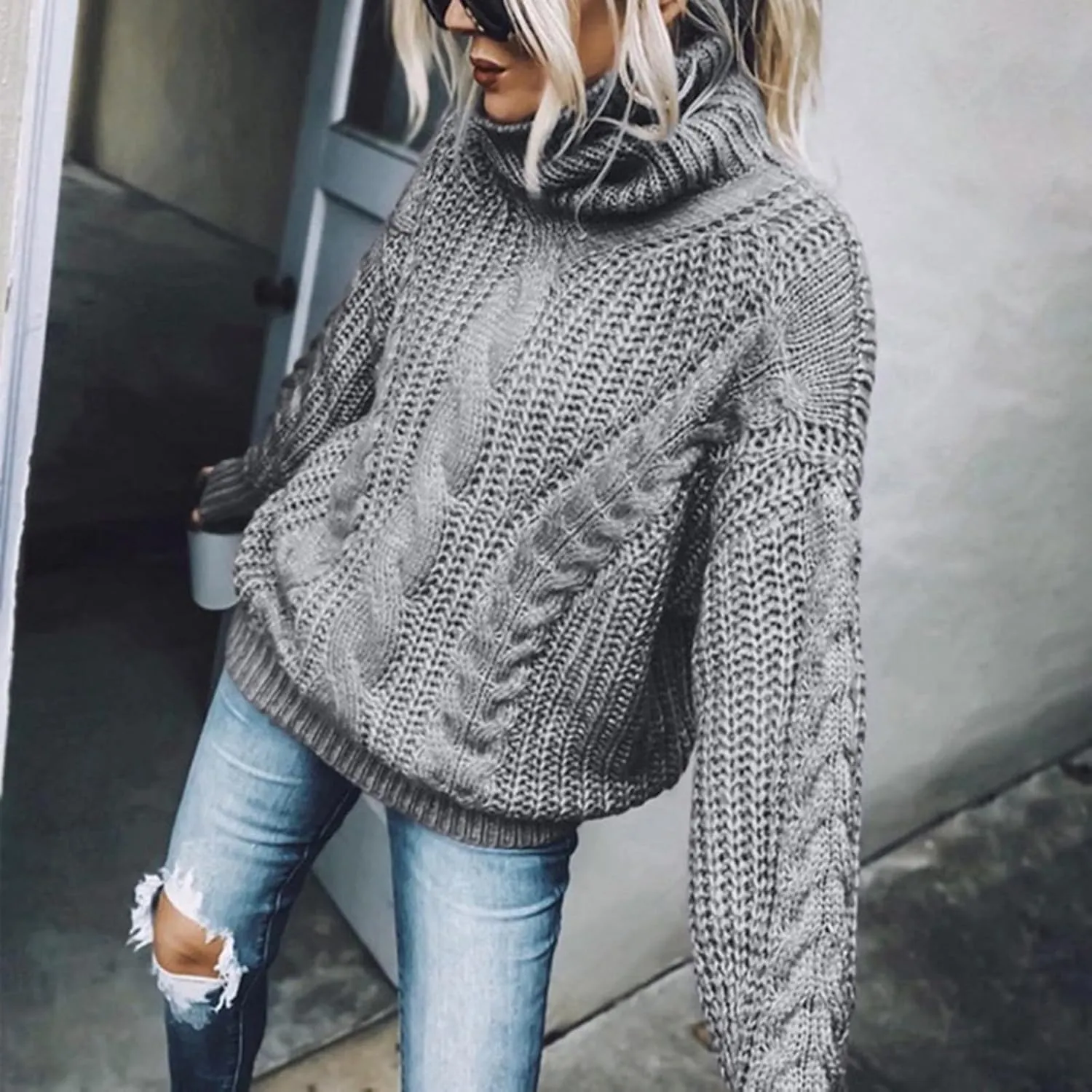 Women's Chunky Cable Knit Pullover 2023 Fashion Sweaters Long Sleeve Turtleneck Fall Winter Trendy Solid Cozy Tops