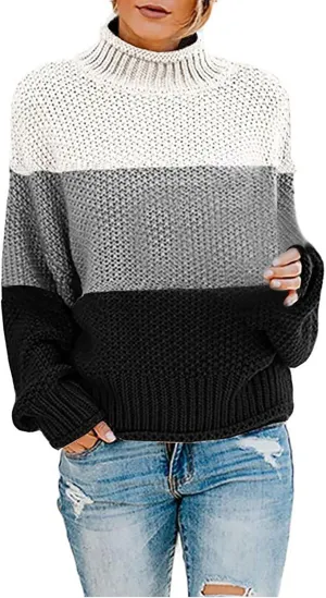 Womens Chunky Cable Knitted Sweaters Casual Loose Colorblocked Crew Neck Sweater 2024 Winter New Knit Basic Sweaters