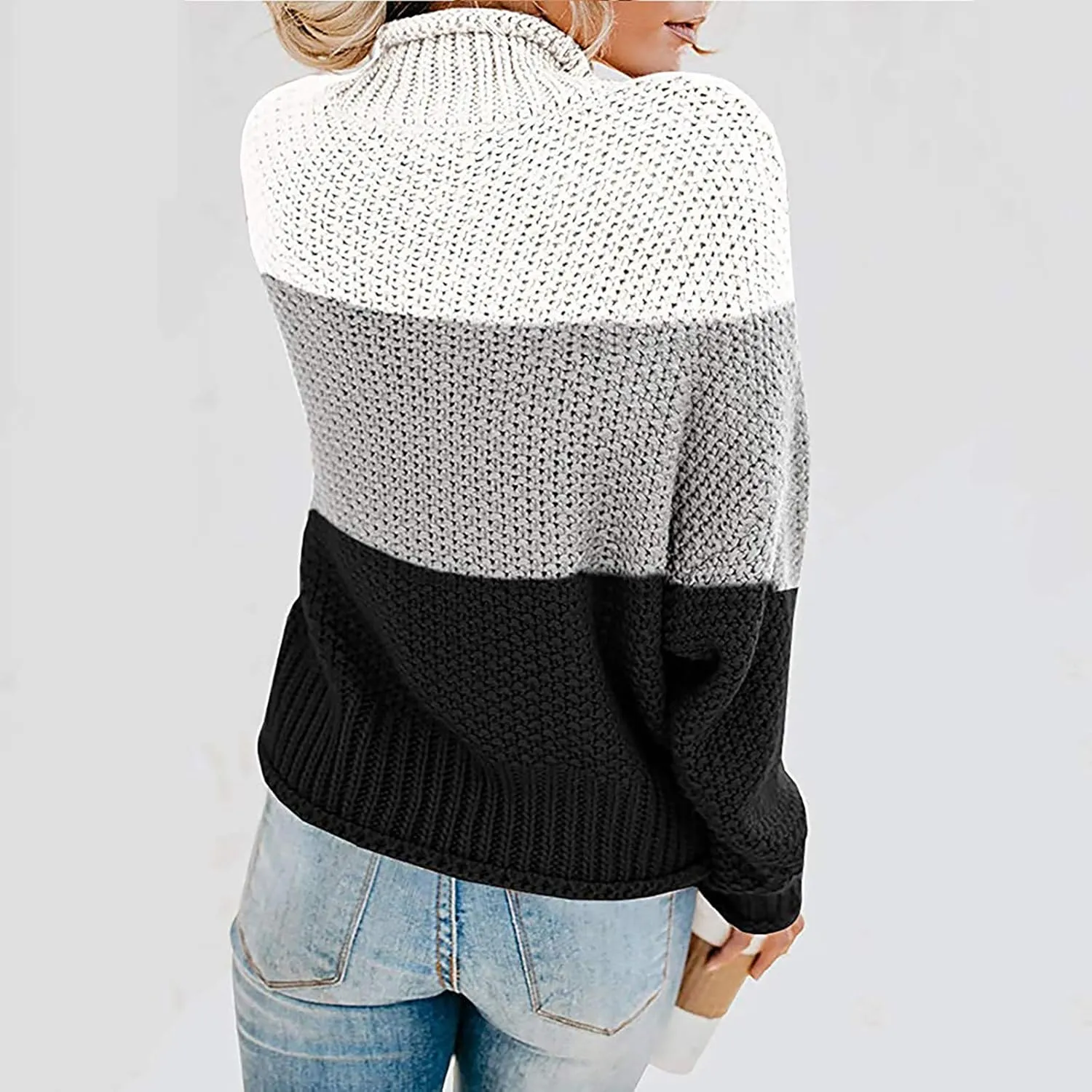 Womens Chunky Cable Knitted Sweaters Casual Loose Colorblocked Crew Neck Sweater 2024 Winter New Knit Basic Sweaters