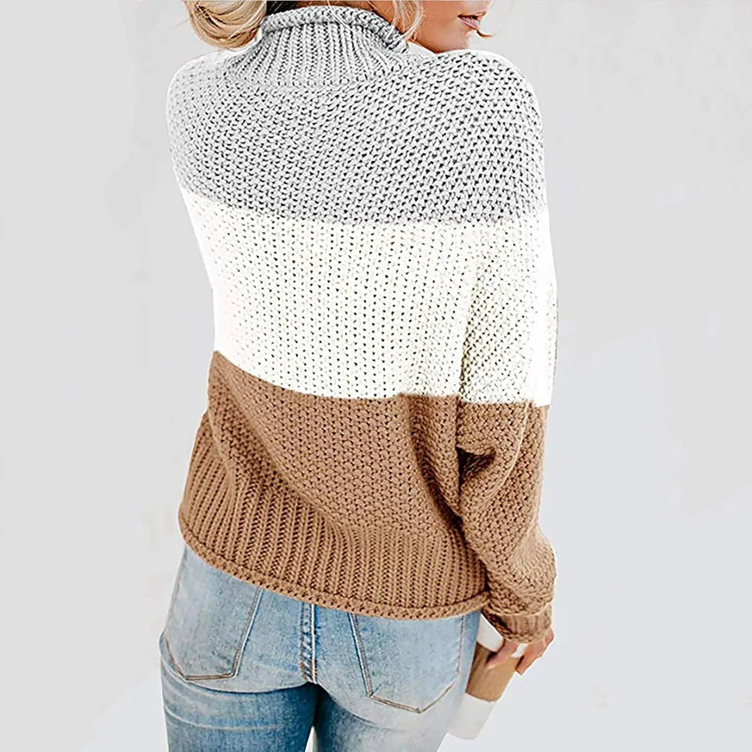 Womens Chunky Cable Knitted Sweaters Casual Loose Colorblocked Crew Neck Sweater 2024 Winter New Knit Basic Sweaters
