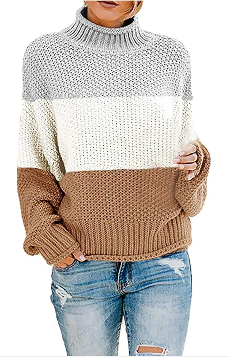 Womens Chunky Cable Knitted Sweaters Casual Loose Colorblocked Crew Neck Sweater 2024 Winter New Knit Basic Sweaters