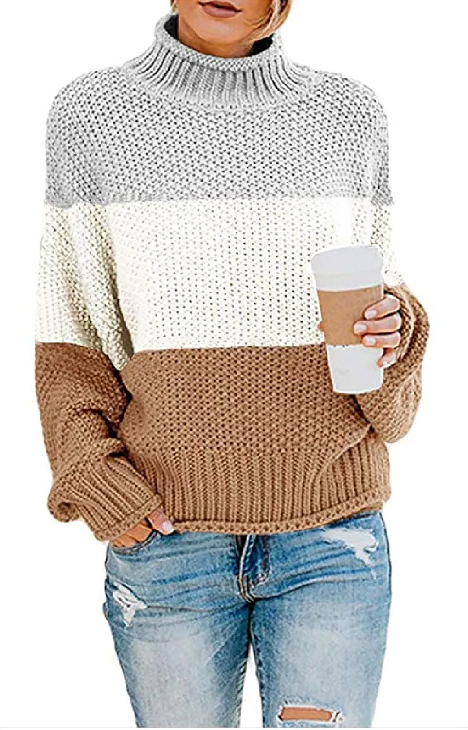 Womens Chunky Cable Knitted Sweaters Casual Loose Colorblocked Crew Neck Sweater 2024 Winter New Knit Basic Sweaters