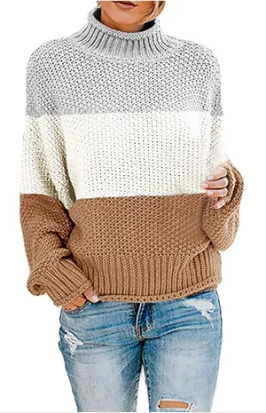 Womens Chunky Cable Knitted Sweaters Casual Loose Colorblocked Crew Neck Sweater 2024 Winter New Knit Basic Sweaters