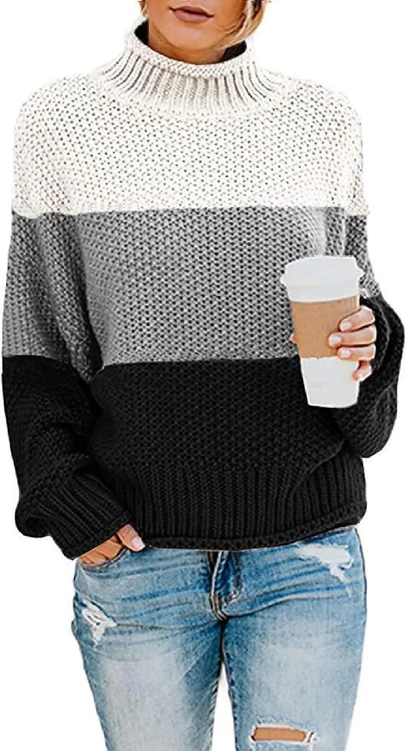 Womens Chunky Cable Knitted Sweaters Casual Loose Colorblocked Crew Neck Sweater 2024 Winter New Knit Basic Sweaters
