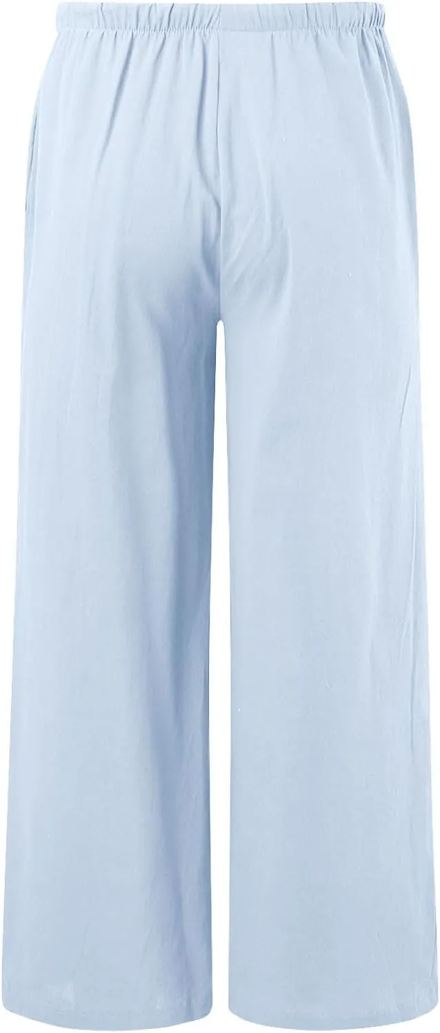 Womens Cotton Linen Palazzo Pants Drawstring Elastic Waist Casual Wide Leg Trousers Summer Beach Flowy Pants Pockets