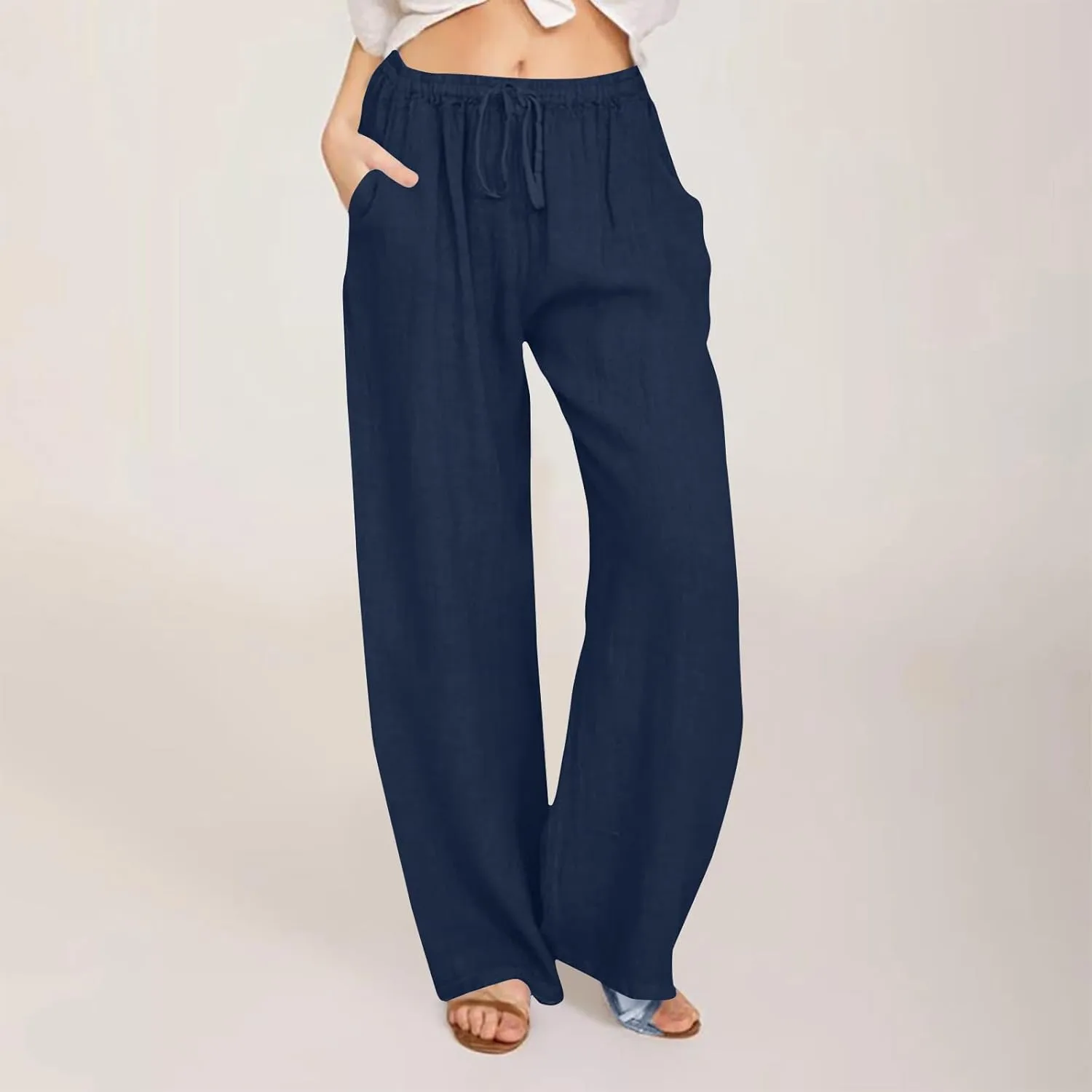 Womens Cotton Linen Pants Casual Wide Leg Pant Drawstring High Rise Trousers with Pocket Plus Size Loose Comfy Trouser