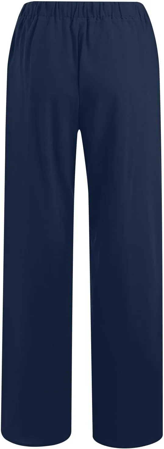Womens Cotton Linen Pants Casual Wide Leg Pant Drawstring High Rise Trousers with Pocket Plus Size Loose Comfy Trouser