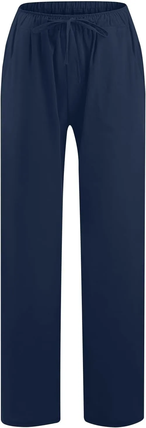 Womens Cotton Linen Pants Casual Wide Leg Pant Drawstring High Rise Trousers with Pocket Plus Size Loose Comfy Trouser