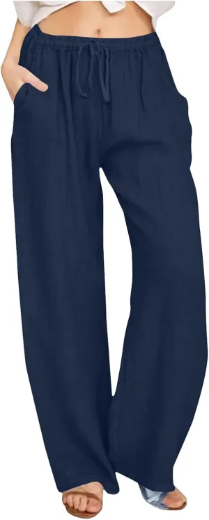 Womens Cotton Linen Pants Casual Wide Leg Pant Drawstring High Rise Trousers with Pocket Plus Size Loose Comfy Trouser